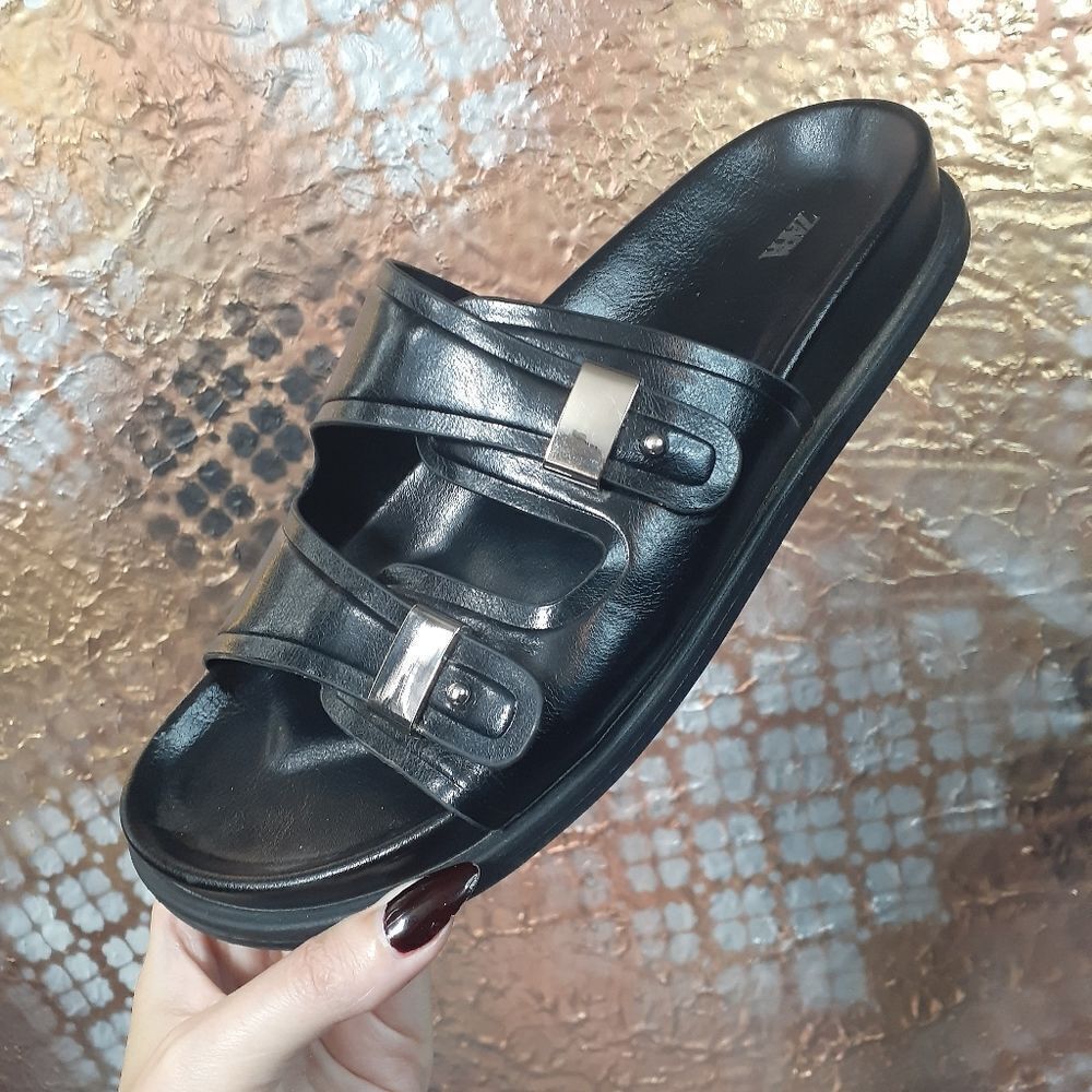 Zara Black Slide Sandals with Silver Accents